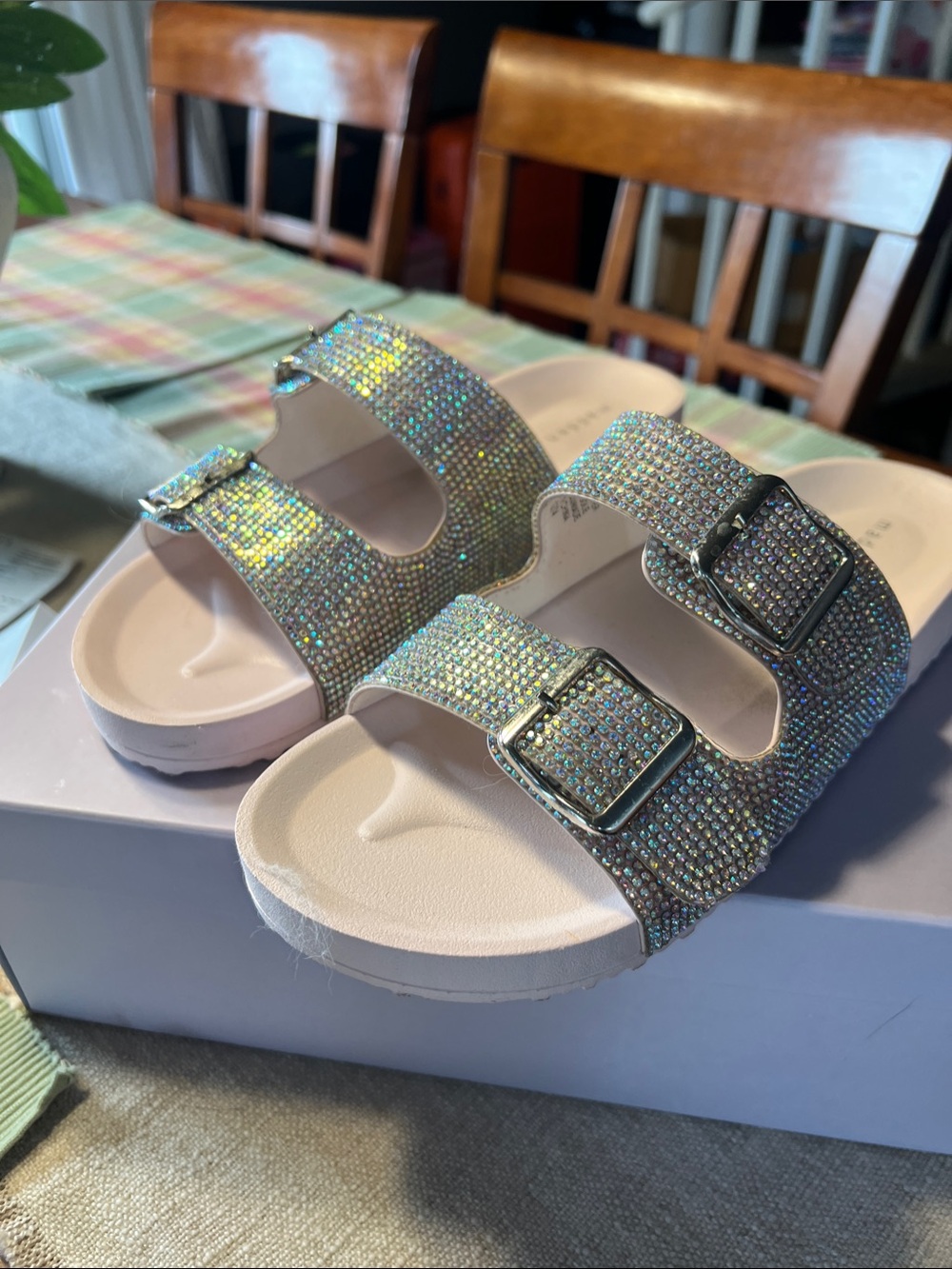 Madden Girl Iridescent Crystal Double-Buckle Slide Sandals/Blush